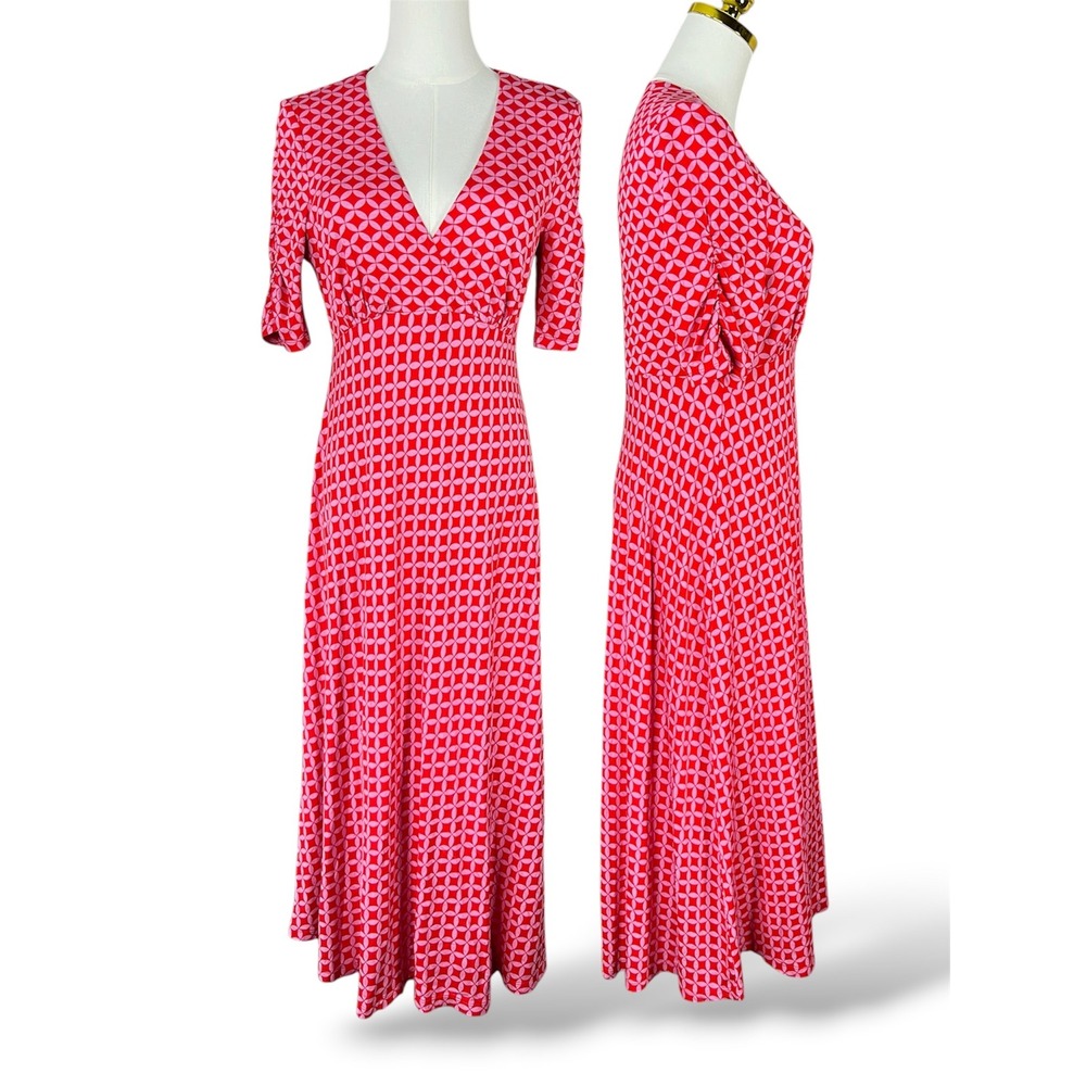 Boden Pink Red Geometric Maxi Dress V-Neck Jersey D0581 Womens 6P - Picture 5 of 10